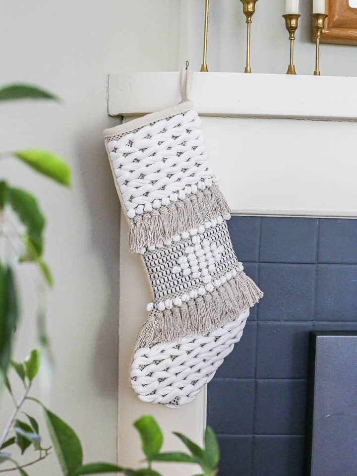 Ivory and Diamond Geometric Boho Christmas Stocking for wholesale by NOEL by Alma Home