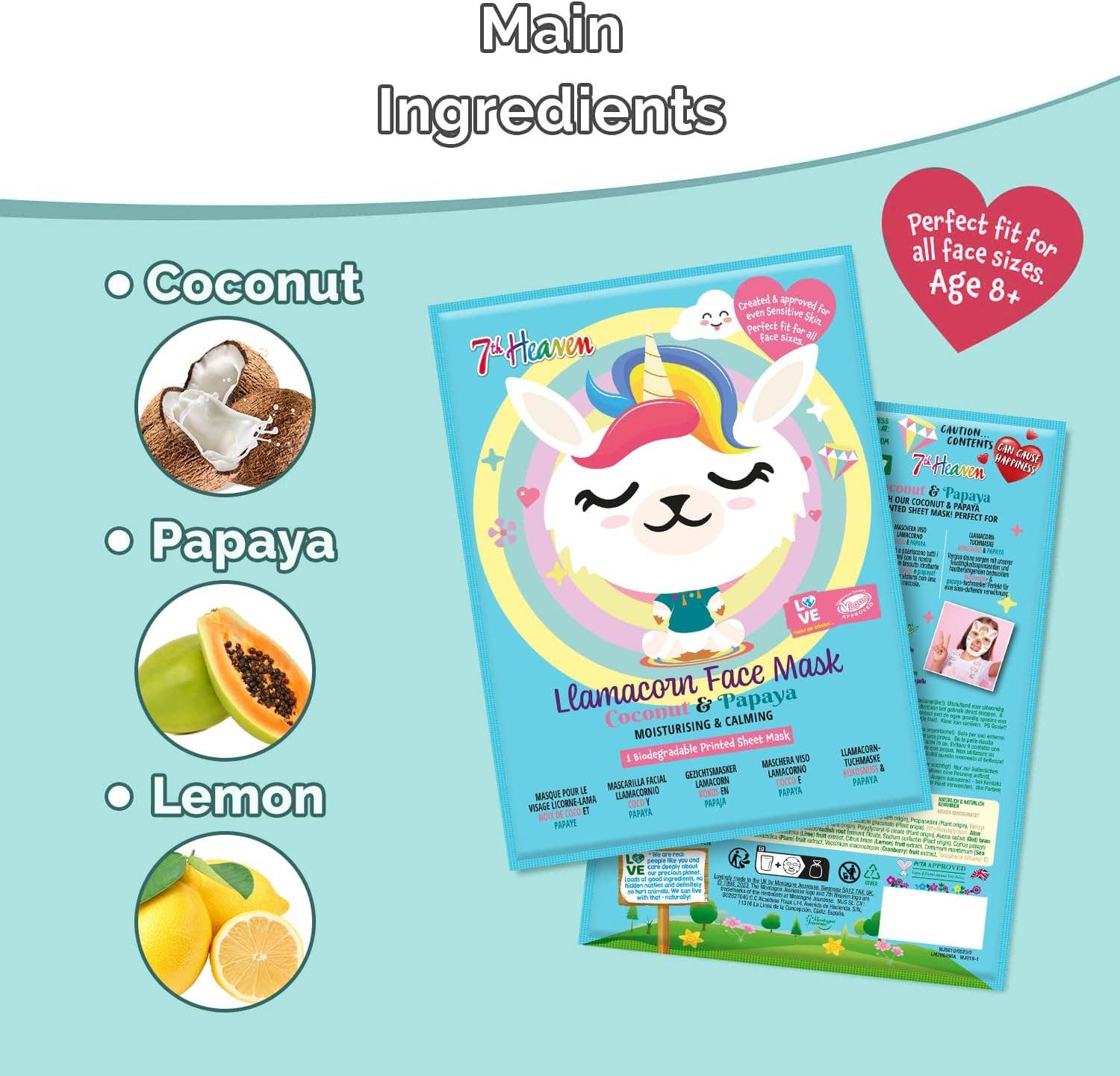 Beauty Goddess - Venta al por mayor Mascarilla - Mascarillas Faciales en Lámina Lamacorn 7th Heaven – Set de Cuidado de la Piel para Niños de 8+ Años – Mascarilla Facial en Lámina con Mezcla de Llama y Unicornio con Coco y Papaya – Mascarillas en Lámina para Calmar, Hidratar y Humectar la Piel2
