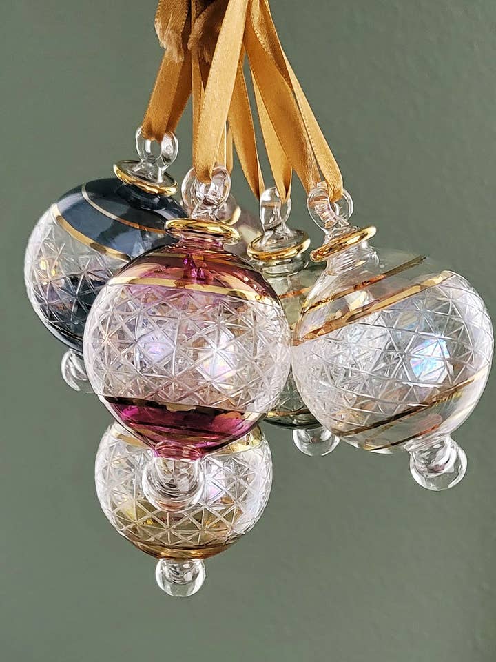 Small Globe w/ Geometric Design - Egyptian Hand Blown Glass Ornament for wholesale by Arabazaar Gallery LLC