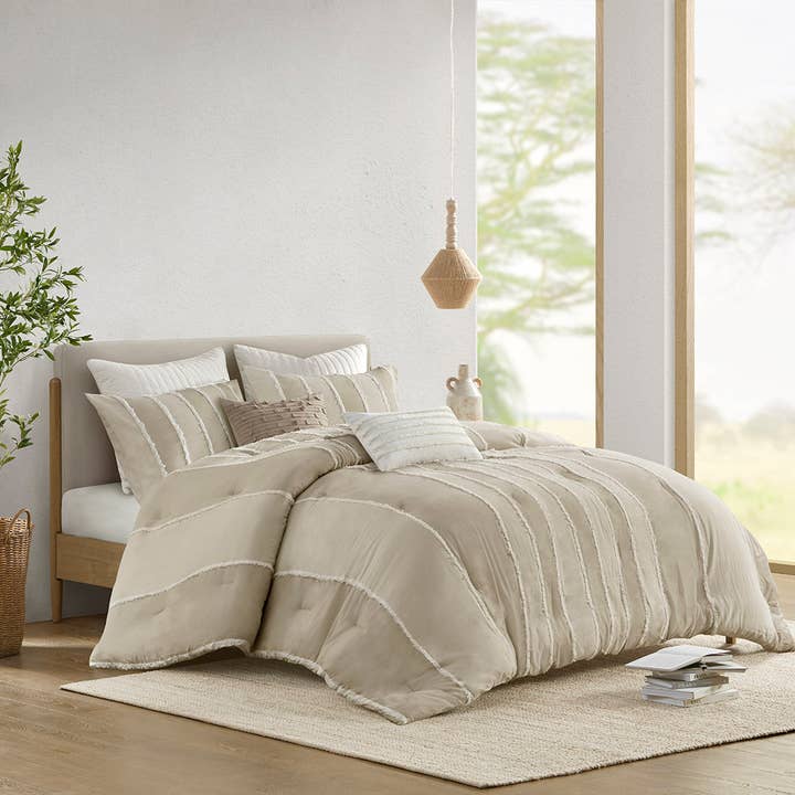 3 Piece Boho Striped Cotton Comforter/Duvet Cover Set, Taupe for wholesale by Olliix