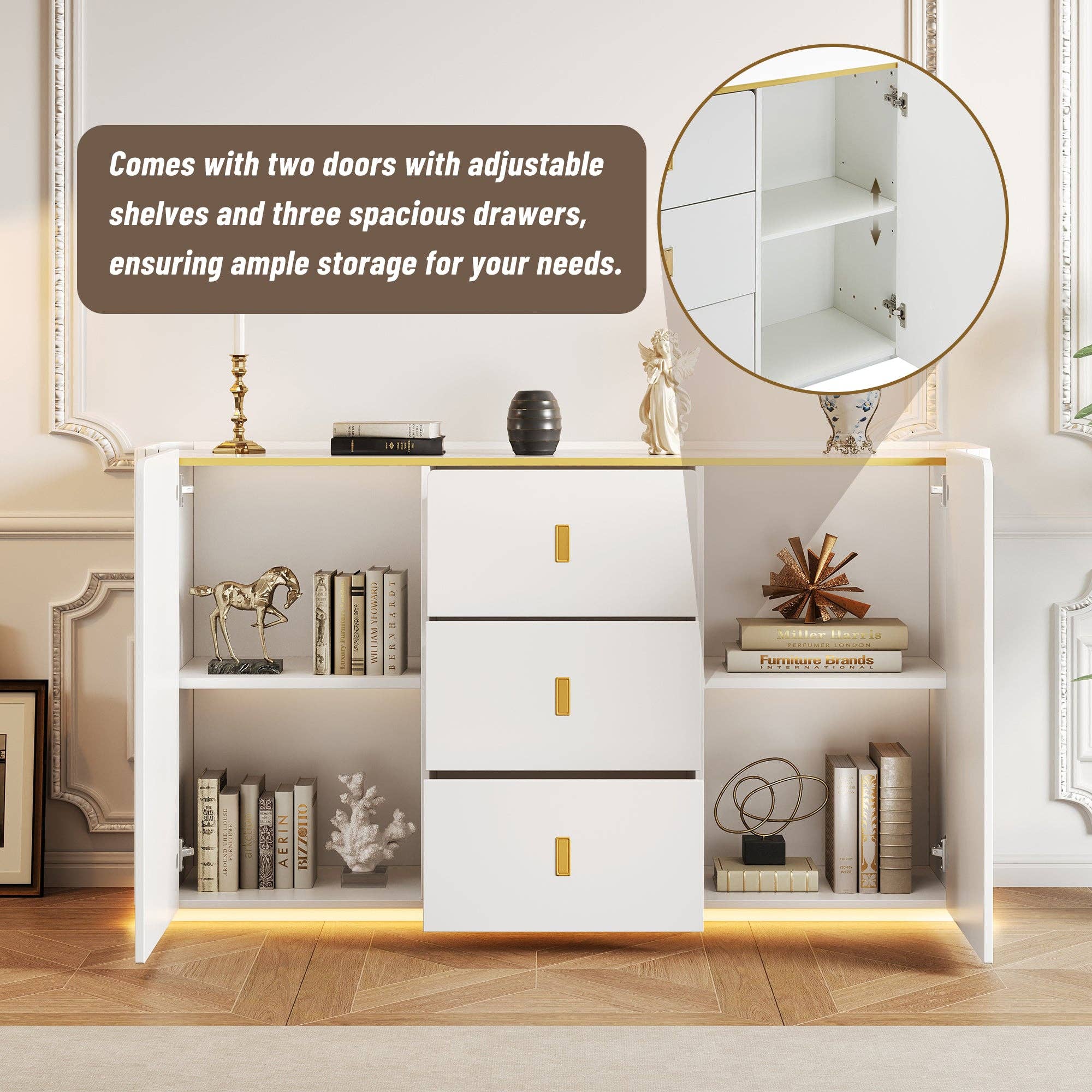 Urban Meuble – Aparador por atacado – Buffet branco elegante 2 portas, 2 gavetas com iluminação LED 150*35*80cm KRAUDREL56