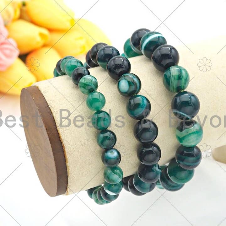 High Quality Natural Green Banded Agate Stretchy Bracelet, 8mm/10mm/12mm Elastic Fit Round Smooth Bracelet, 7.5'' Bracelet, Sku#EF10 for wholesale by BestBeads&Beyond