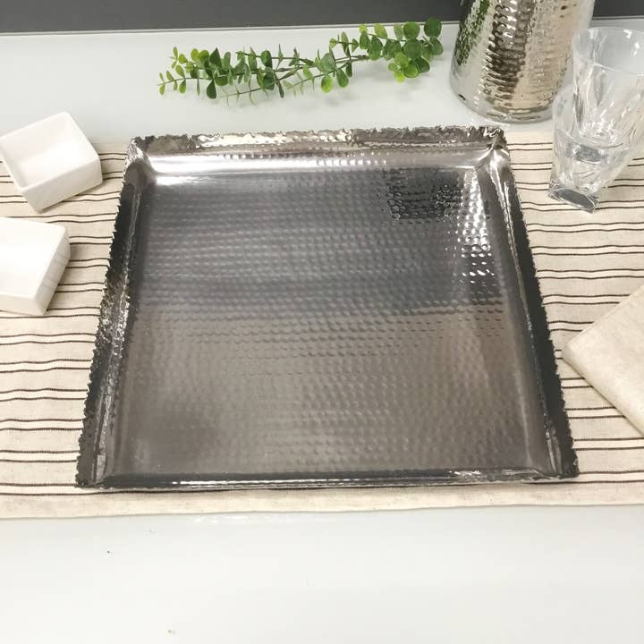 India Handicrafts Inc - Wholesale Platter - Silver Hammered Square Platter - Elegant Home Serverware1