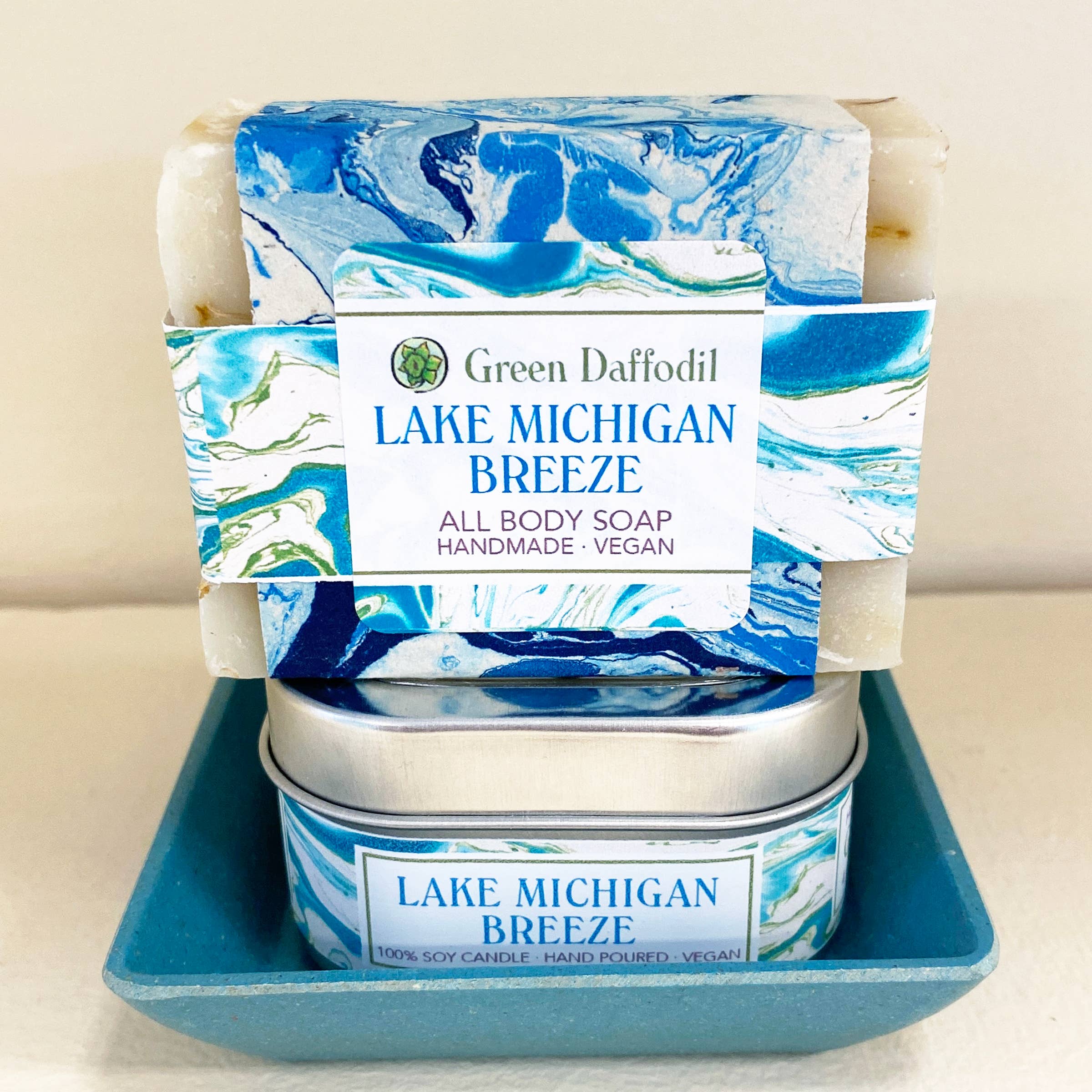 Green Daffodil Bath & Body - Wholesale Bath & Body Set - Lake Michigan Breeze Candle & Soap Dish Gift Kit - Clean1