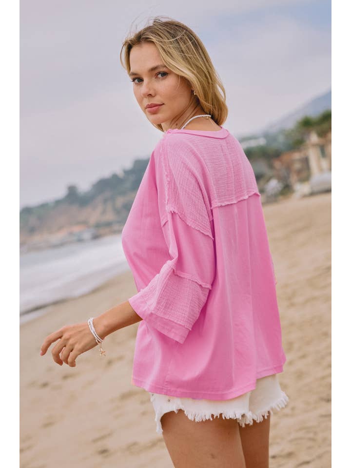 Oddi - Wholesale Blouse - Women's - Plus Acid Washed Mixed Fabric Pullover Top1