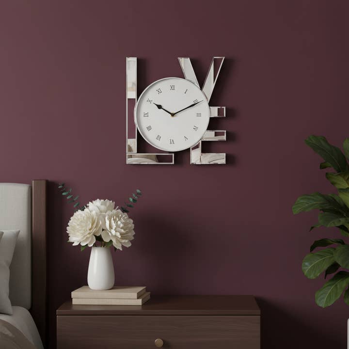 HomeRoots - Wholesale Wall Clock - 11" Silver Mirrored Glass Love Wall Clock1
