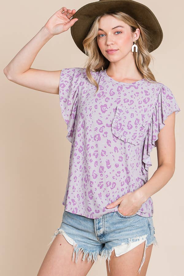 BUCKETLIST OUTLET - Wholesale Blouse - Women's - T1713A OUTLET SALE Animal Print Flutter Sleeve Top1