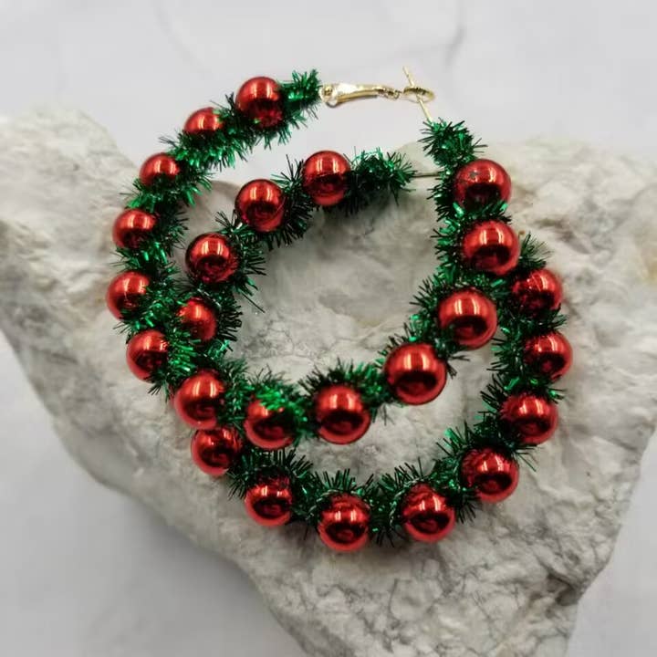 The Pretty Jewellery - Wholesale Hoop earrings - Christmas Pom Pom Beaded Hoops Earrings1