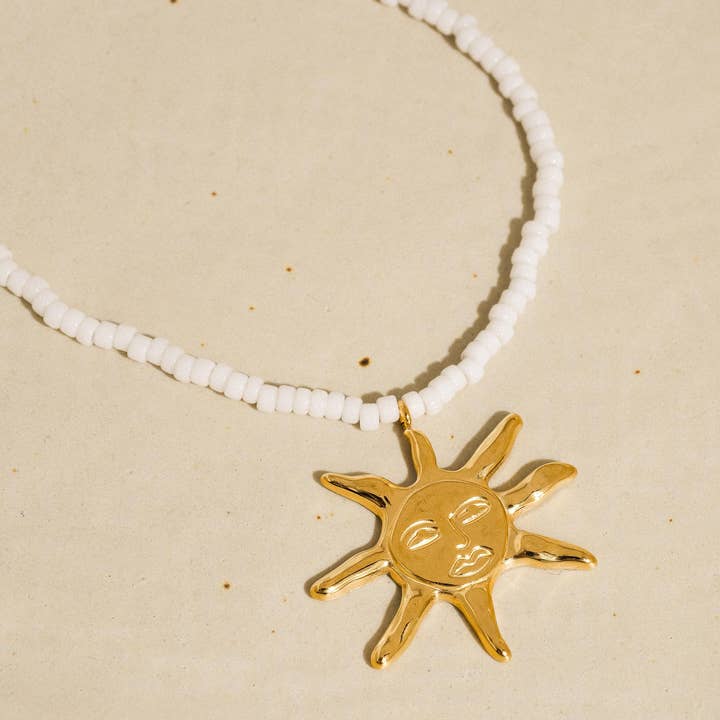 White Iridessa 18K Gold Non-Tarnish Sun Beaded Necklace for wholesale on Faire