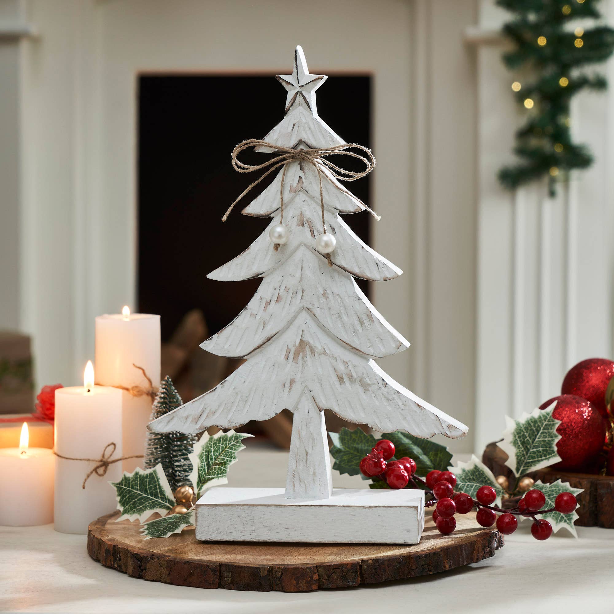 VHC Brands - Wholesale Decorative Tabletop Object - Festive Fir Distressed White Wooden Tree Large 12.75x8.25x2.50