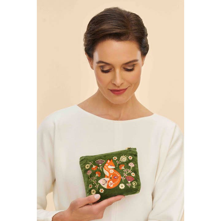 Powder Design inc - US - Wholesale Pouch - Women's - Velvet Embroidered Mini Pouch - Scandinavian Fox