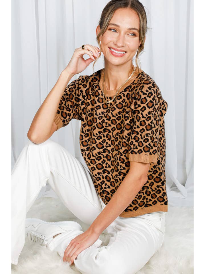 Brown Leopard Print Short Sleeve Jacquard Knitted Sweater VT82594 for wholesale on Faire16