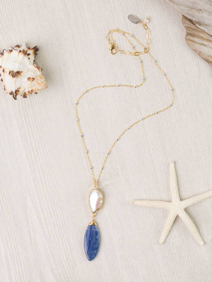 Seaside 16-18" Freshwater Pearl, Kyanite Drop Focal Necklace for wholesale by Anne Vaughan Designs Jewelry
