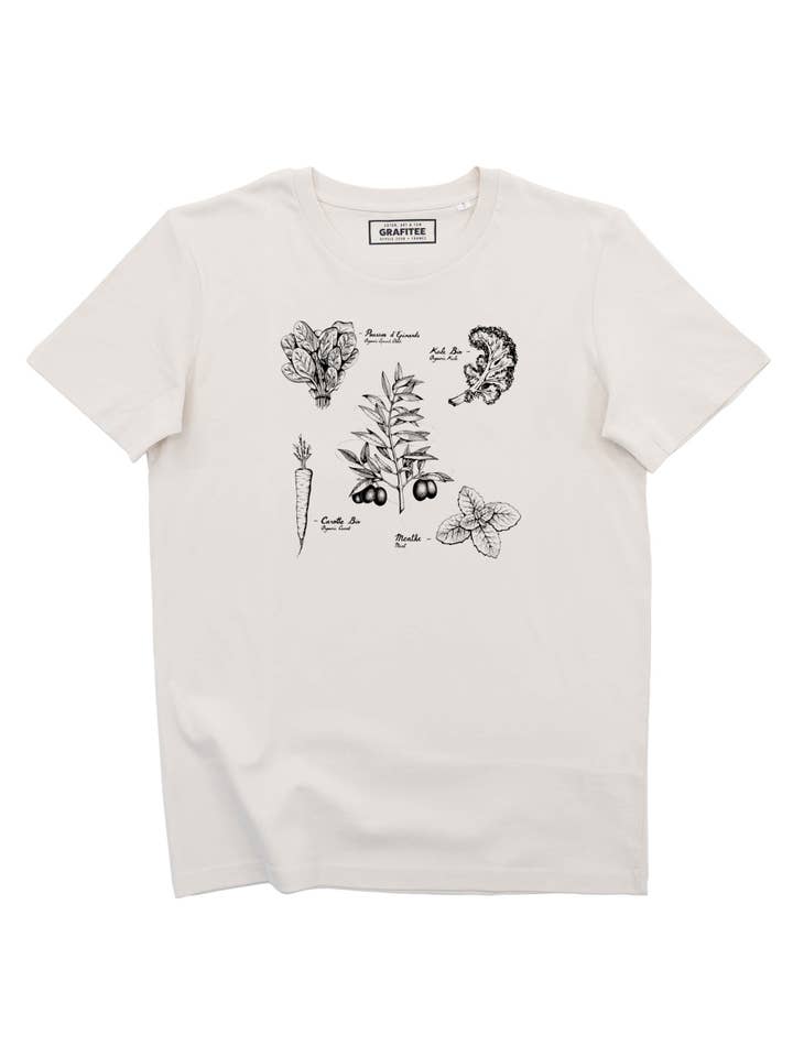 Cremefarben Olivgrünes T-Shirt — T-Shirt mit Gemüse-Illustration und Rezept für den Großhandel auf Faire