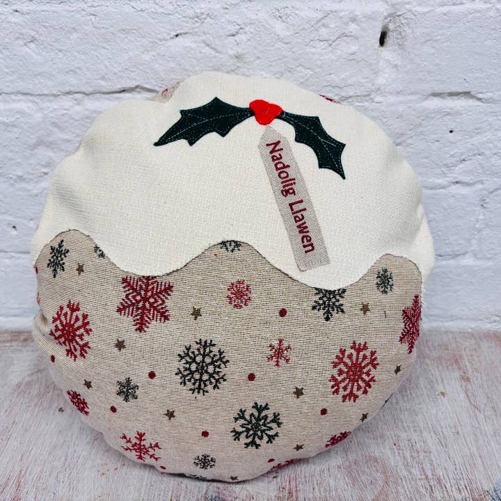 Christmas pudding Nadolig llawen lux Gold Cushion . for wholesale by Lizzie Dixon Designs