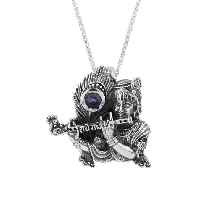 Krishna Silver Pendant with Blue Iolite semi-precious stone for wholesale by Mantra4u