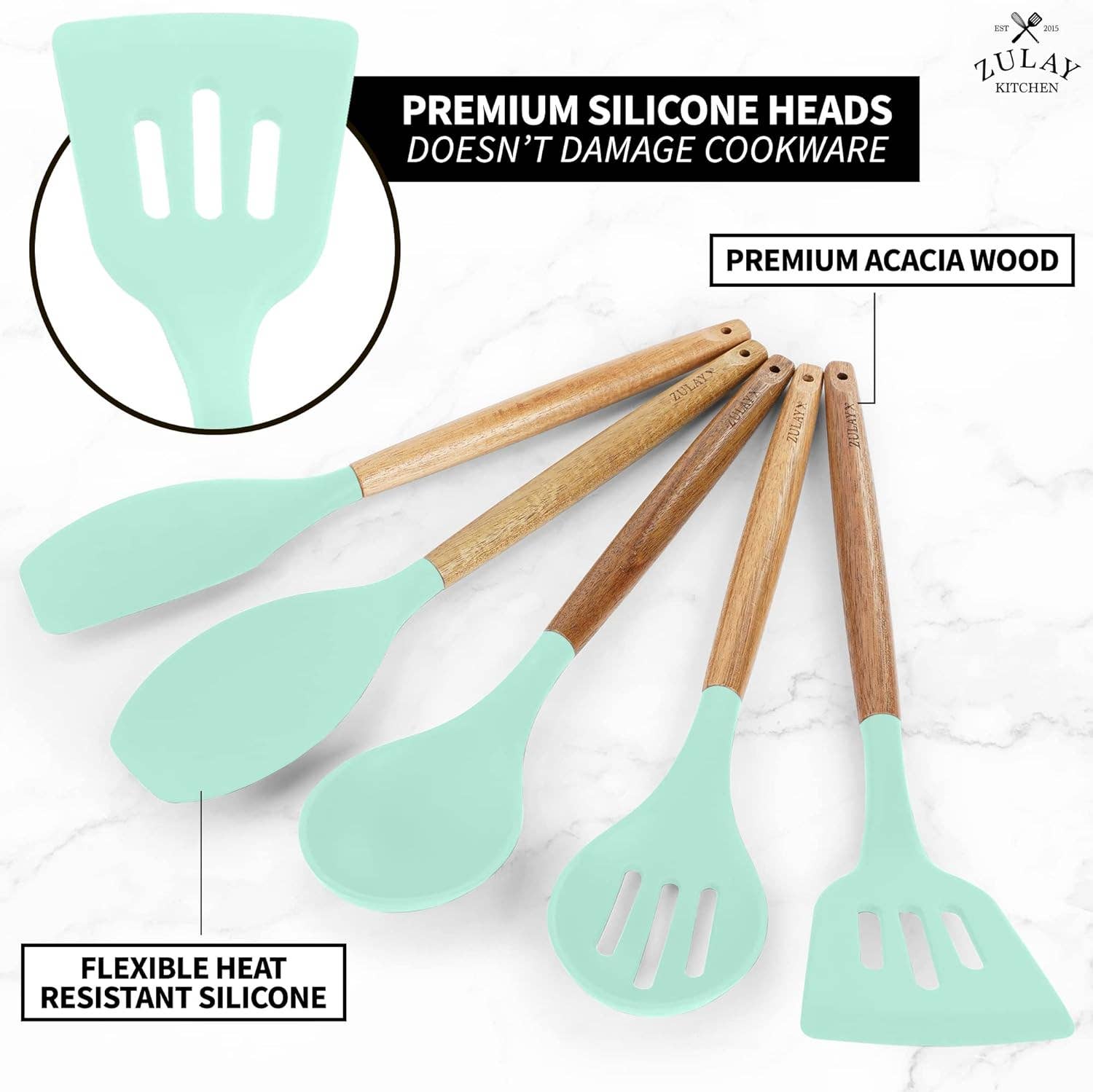 Zulay Kitchen - Wholesale Kitchen Utensil Set - 5-Piece Silicone Utensils Set with Wooden Handles3