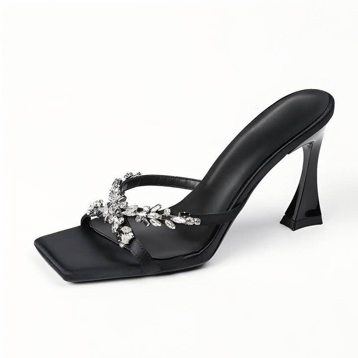 JL45 2026 Sandales à talons hauts noires à bout pointu avec strass pour la vente par JanL Ladies Shop