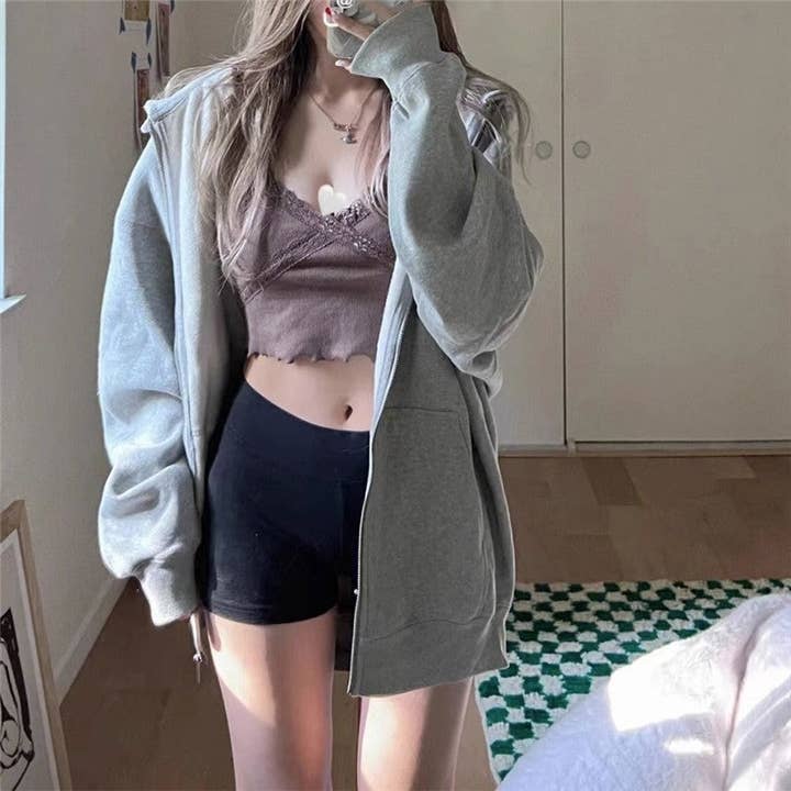 Casaco de Moletom Casual Solto com Capuz, Fecho de Correr e Manga Comprida de Cor Sólida por atacado de Plush Looks