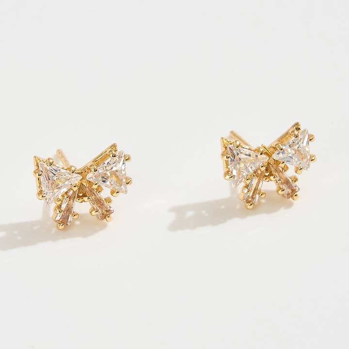 Sensibling Corp. - Wholesale Stud/Post Earrings - 14K Gold Dipped CZ Stone Mini Bow Stud Earrings0