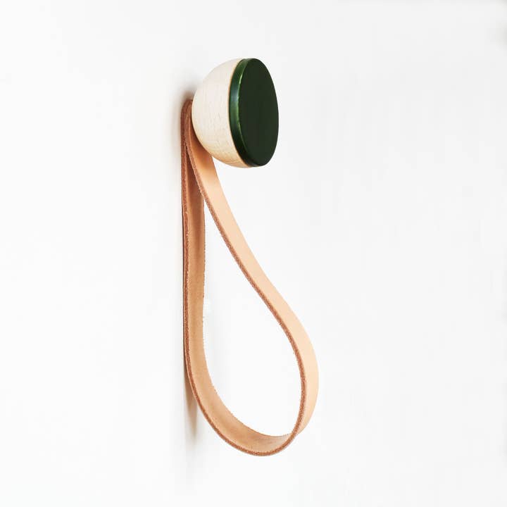 Wood & Ceramic Coat Hook / Hanger Leather Strap - Dark Green for wholesale by 5mm Paper