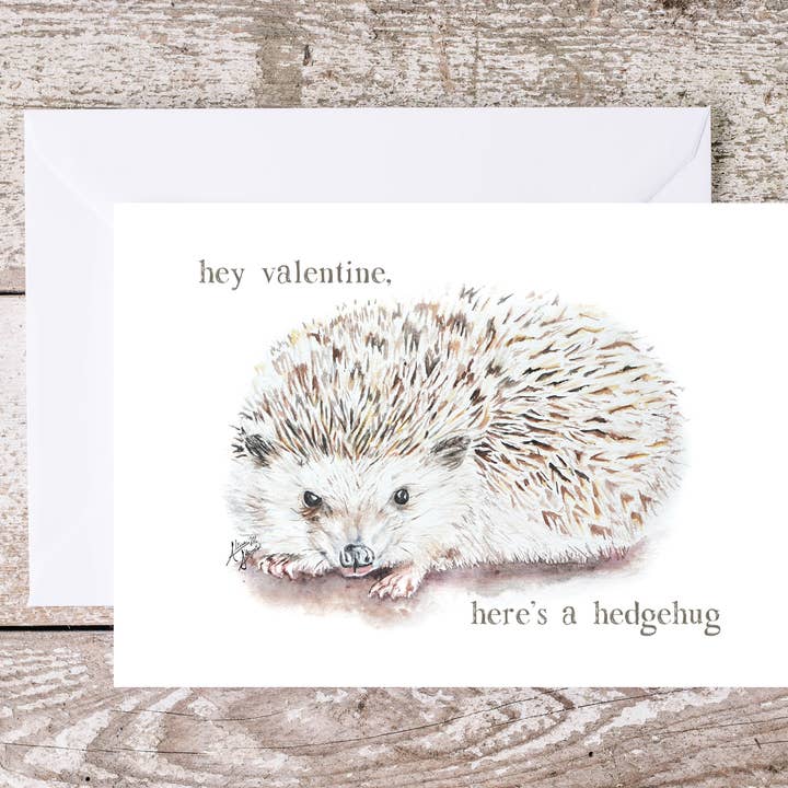 Hedgehog Valentine Card "here's a hedgehug" Watercolor for wholesale by Art Reflects Light