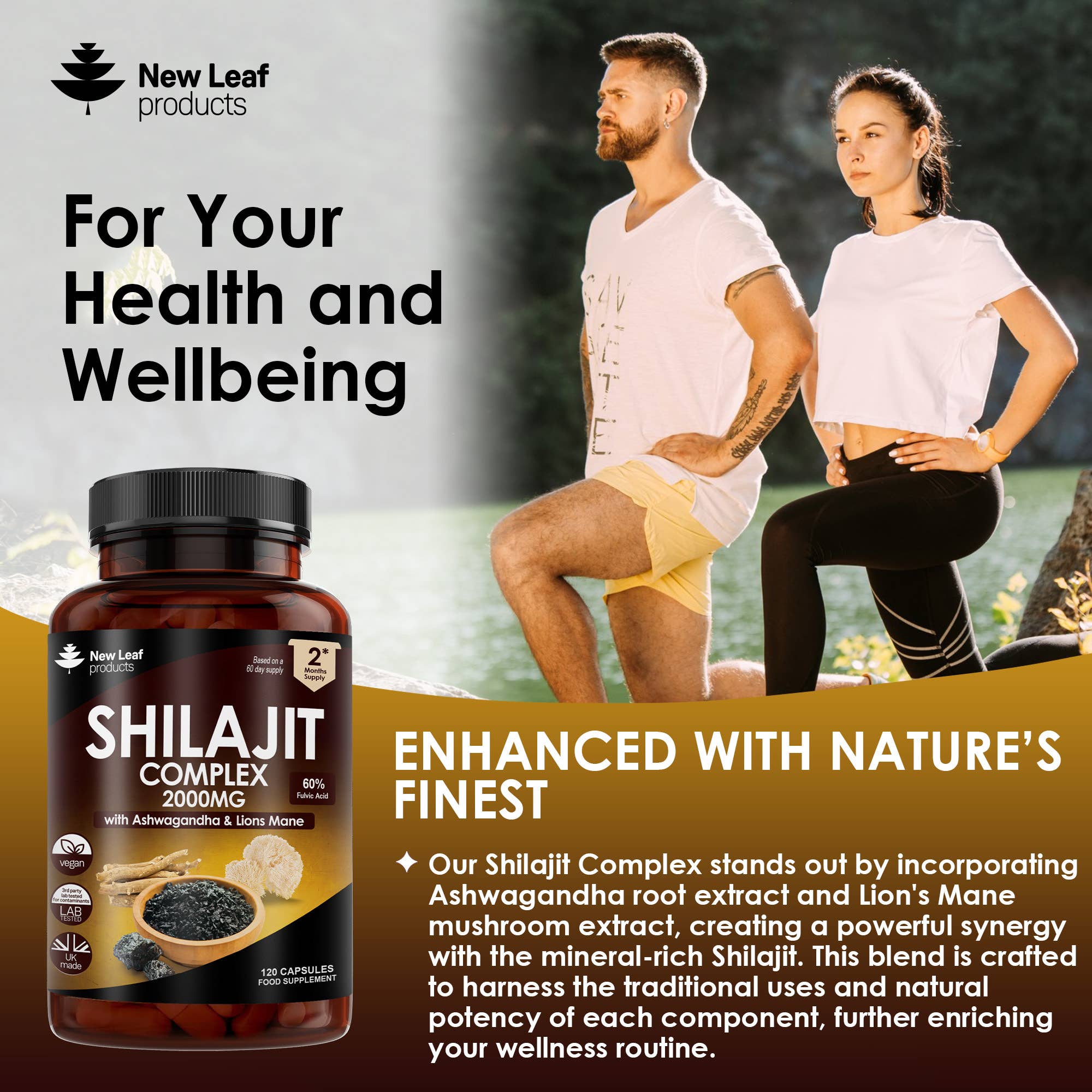 New Leaf products Ltd – wholesale Oral supplement/vitamin – Shilajit Complex + Ashwagandha & Lions Mane 2000mg Capsules2