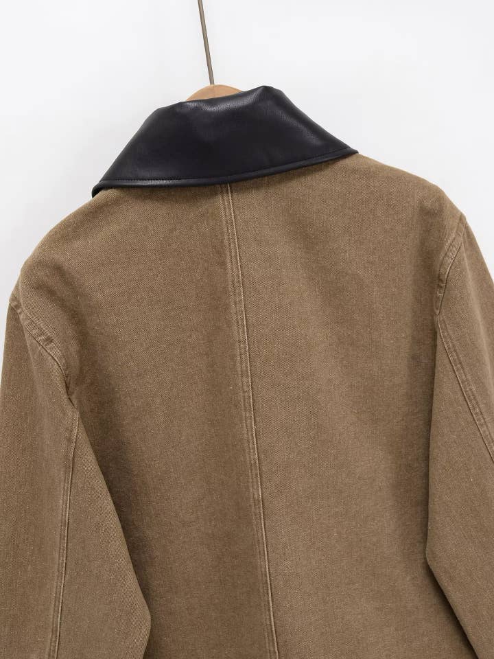 KHAKI Stitching collision color lapel denim jacket for wholesale on Faire8