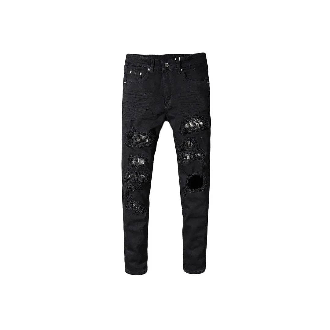 Black Men's Ripped Patchwork Crystal Stones Denim Jeans for wholesale on Faire