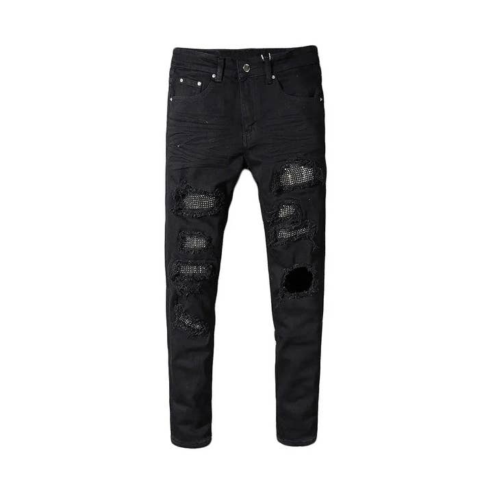 Black Men's Ripped Patchwork Crystal Stones Denim Jeans for wholesale on Faire0