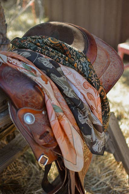 Tirzah Lane Art - Wholesale Scarf - Women's - Western Harvest in Deep Juniper Silk Cowgirl Wild Rag Scarf8