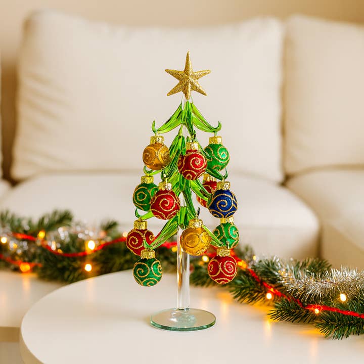 Mini Glass Christmas Tree w/ Gold Glitter Ornaments for wholesale by GeoCentral