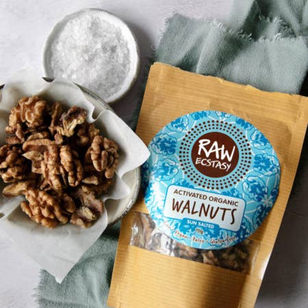 Activated Organic Walnuts : Sun Salted 70g pack of 6 for wholesale by Raw Ecstasy
