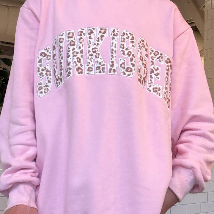 Bubblegum Pink Cheetah Print Varsity Sunkissed Embroidered Mockneck Sweatshirt 100% Cotton for wholesale by Sunkissed Coconut
