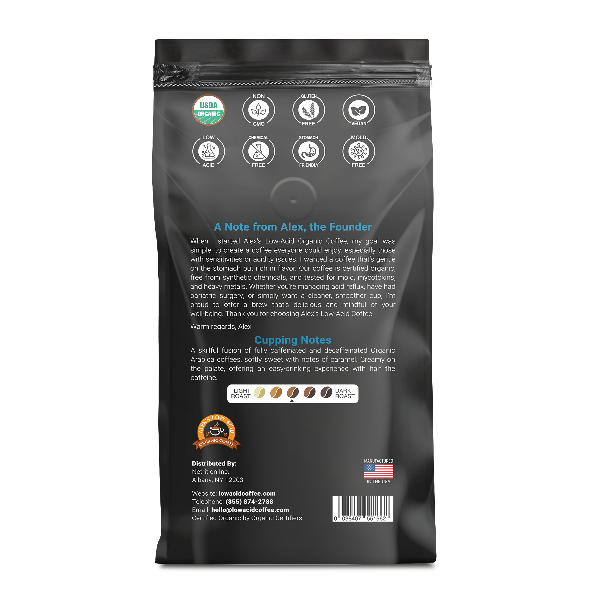 Alex's Low-Acid Organic Coffee – wholesale Kaffebönor – Alex's låg syra ekologiskt kaffe - halv Caff Bean (12oz)1