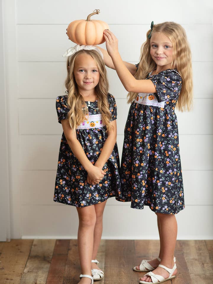Wren & James - Wholesale Dress - Kids - Kids Halloween Pumpkin Candy Smocked Puff Sleeve Fall Dress