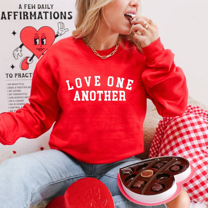 Love One Another Christian Cozy Crewneck Valentine Sweatshirt for wholesale by Faith & Life Christian Brands