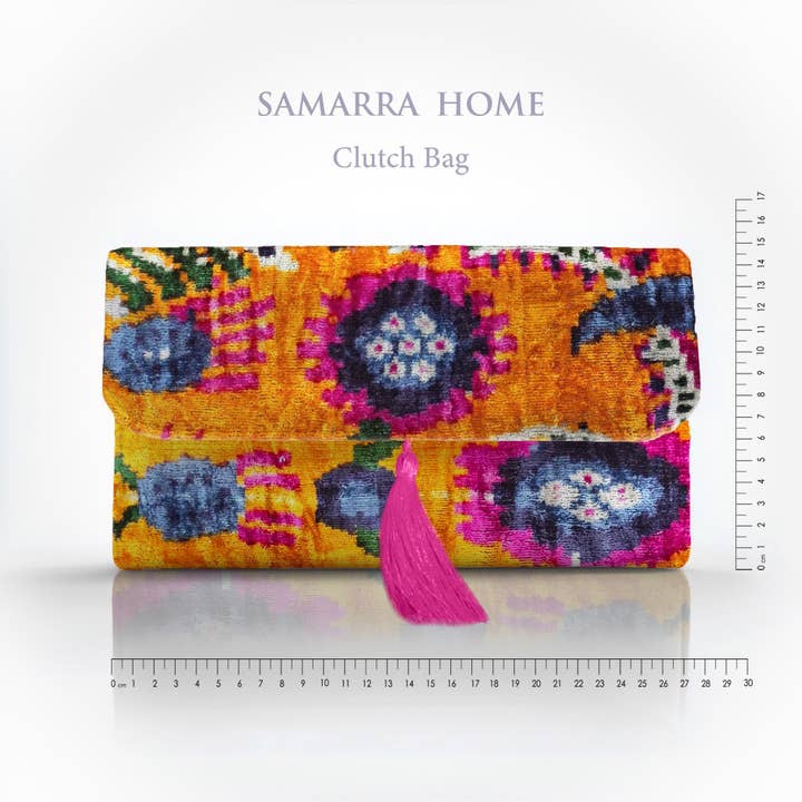 Handwoven Ikat Floral Silk Velvet Clutch with Tassel for wholesale by Samarra Home