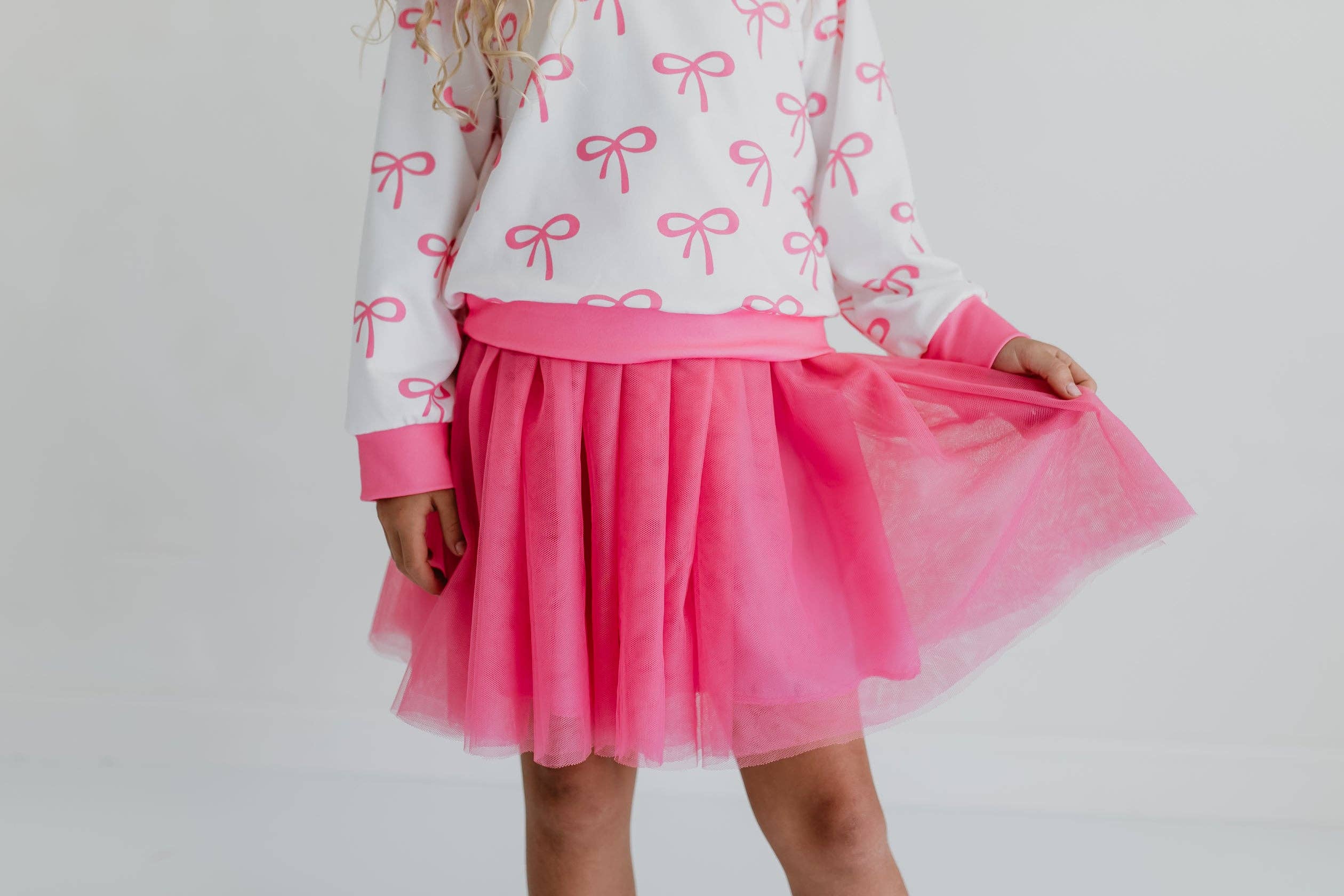 Adorable Sweetness - Wholesale Top & Skirt Set - Kids - Girls White & Hot Pink Coquette Bow and Tulle Skirt Set2