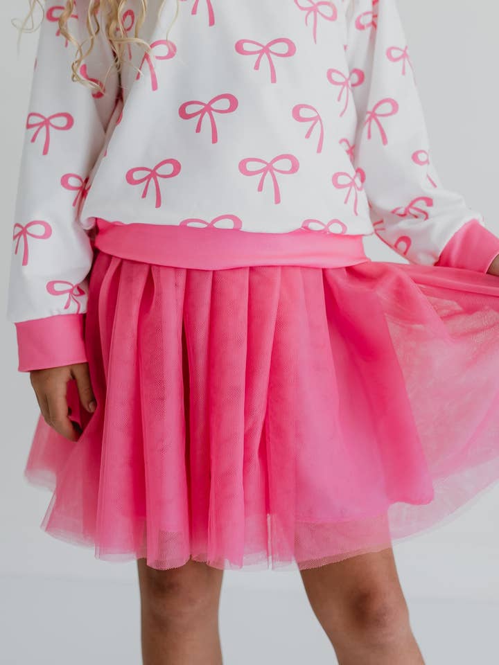 Adorable Sweetness - Wholesale Top & Skirt Set - Kids - Girls White & Hot Pink Coquette Bow and Tulle Skirt Set2