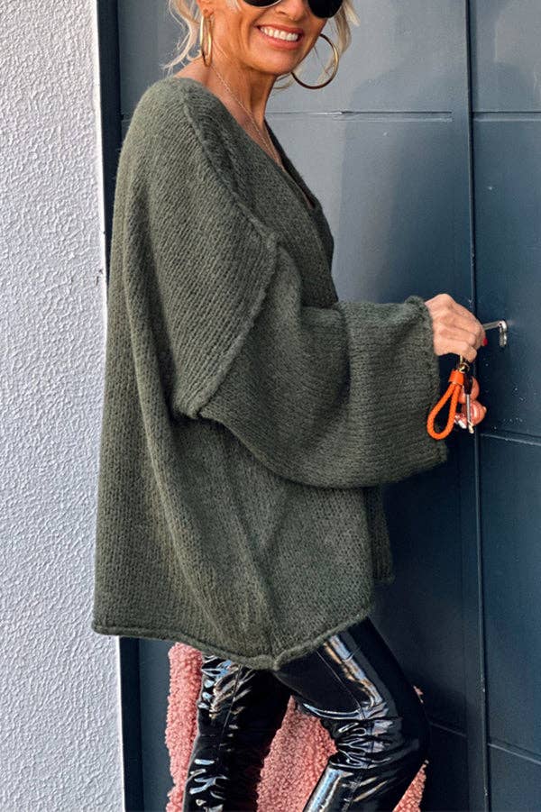 Rosa Clothing - Wholesale Tunic Sweater - Women's - rizz slouchy v-neck flare sleeve knit sweater jumper6