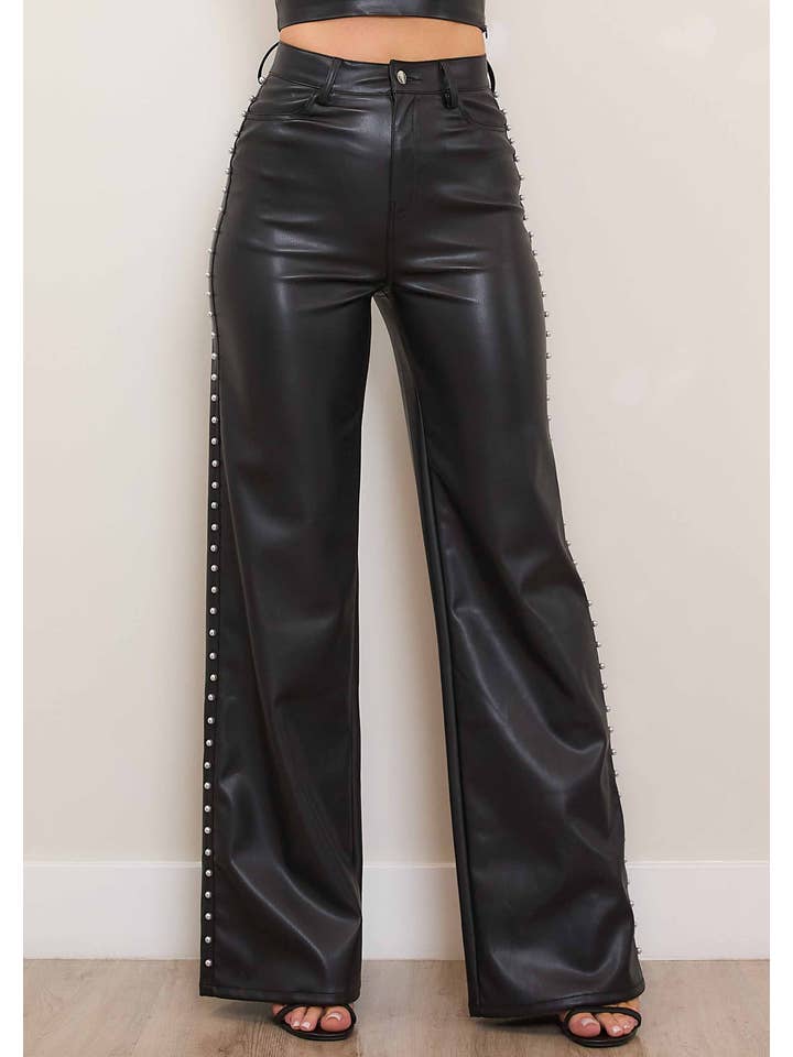 Black Vegan Leather Wide Leg Pants With Pearl for wholesale on Faire