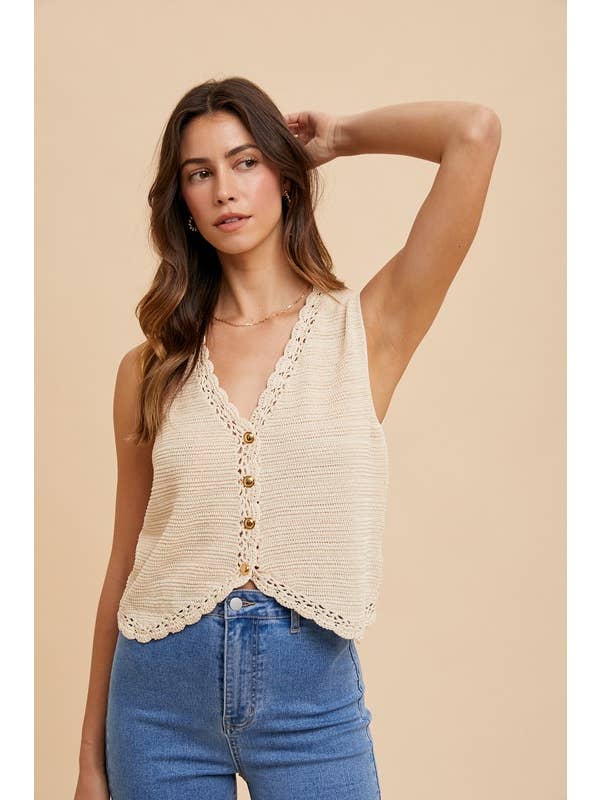 Vanilla Monkey - Wholesale Knit Top - Women's - Crochet Trimmed Button Down Sweater Vest