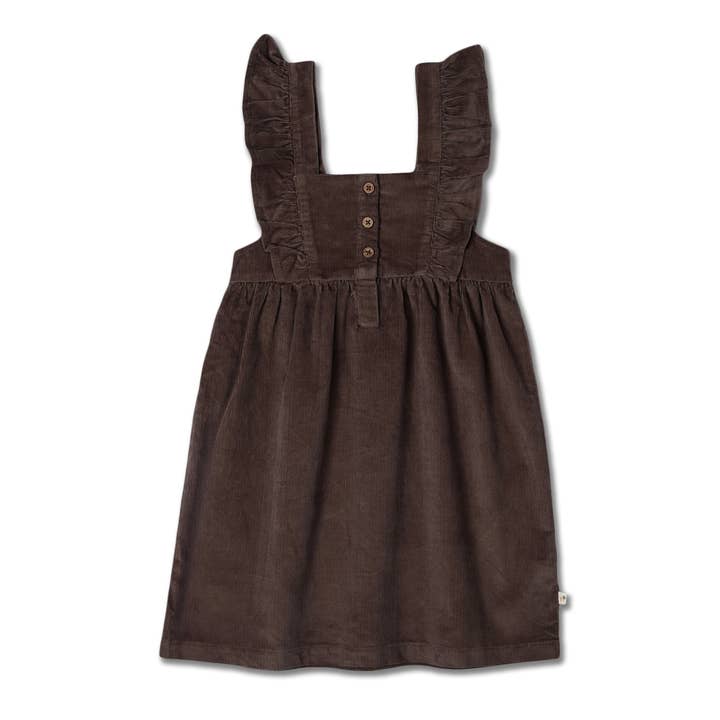 Organic Ruffle Corduroy Dress - Dark Brown for wholesale by Makemake Organics