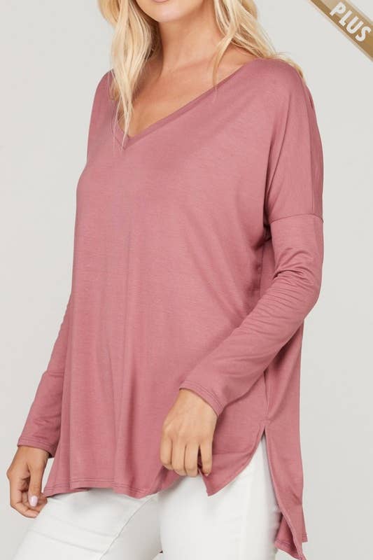 A.gain – wholesale Tunic – Women’s – 10210LP07 - PLUS SIZE SOLID LOOSE FIT V NECK LONG SLEEVE TOP16