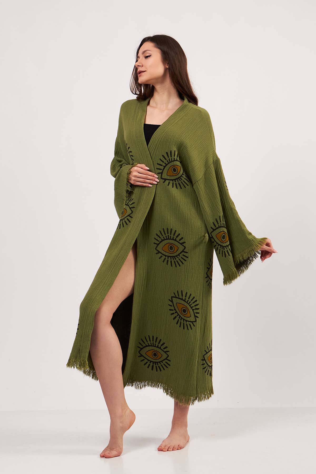 Yaz Concepts - Wholesale Kimono - Women's - Turkish Evil Eye Print Olive Green Robe Festival Kimono 5