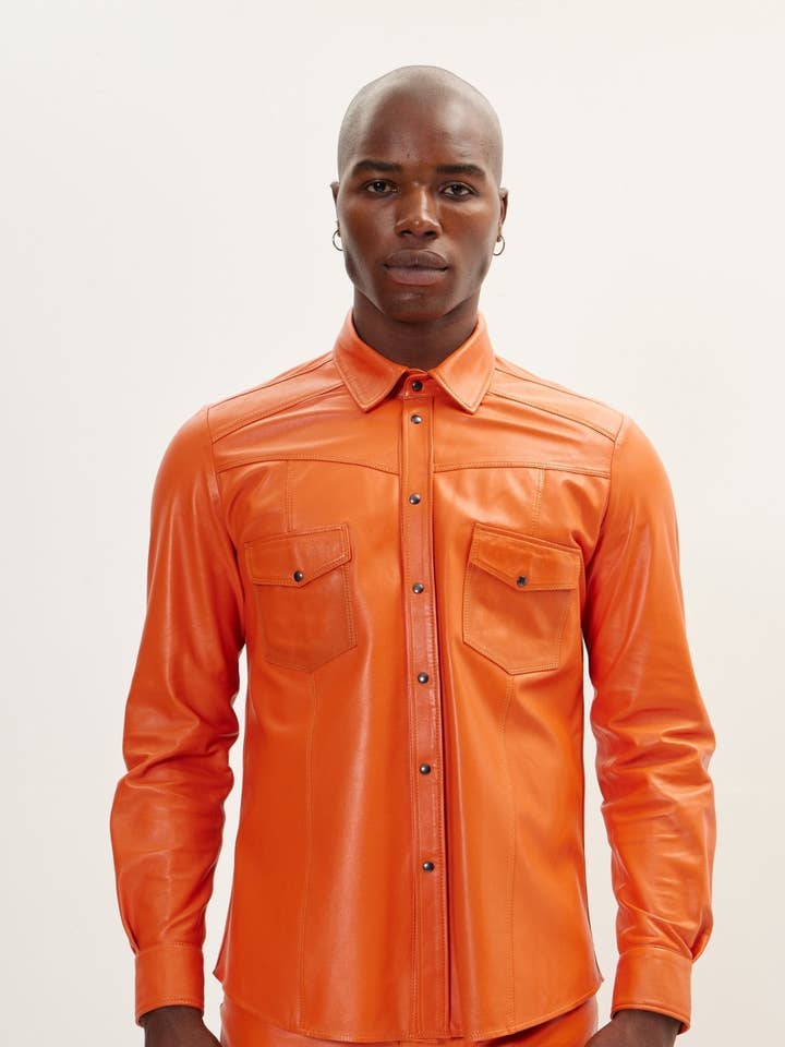 Men's Genuine Lambskin Leather Shirt - Orange for wholesale by Ron Tomson
