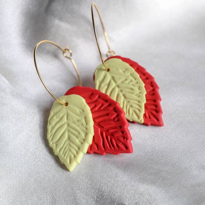 Polymer Clay Double Leaf Hoop Earrings - Red and Yellow for wholesale by Fox and Bunny Rise