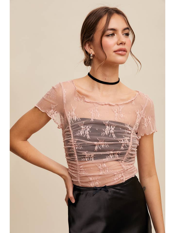 Listicle - Wholesale T-Shirt - Women's - Semi Sheer Floral Mesh Ruched Layering Top