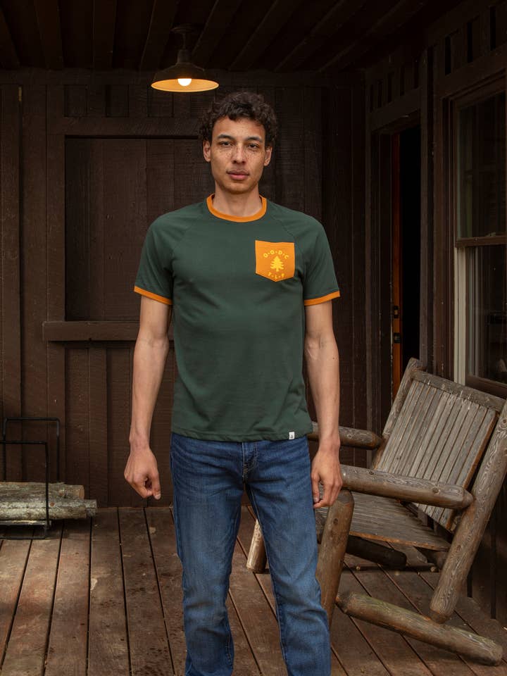 Dark Pine Sundial Out-of-Doors Club Raglan Ringer Pocket Tee for wholesale on Faire1